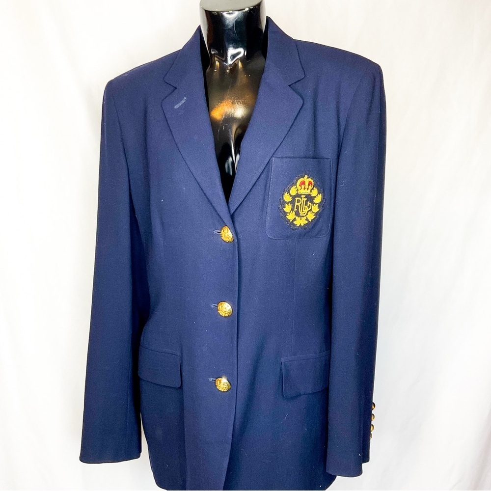 Vintage Ralph Lauren Navy Crest Blazer Pantsuit Wool Gold Buttons Size 8